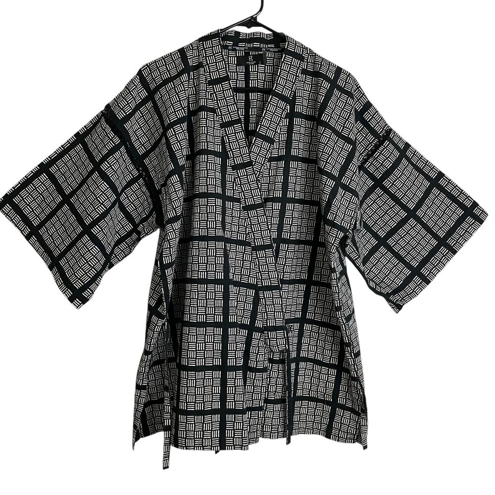 Hiroko Koshino Relaxing Kimono Robe Black White Cotton Tie Printed Japanese